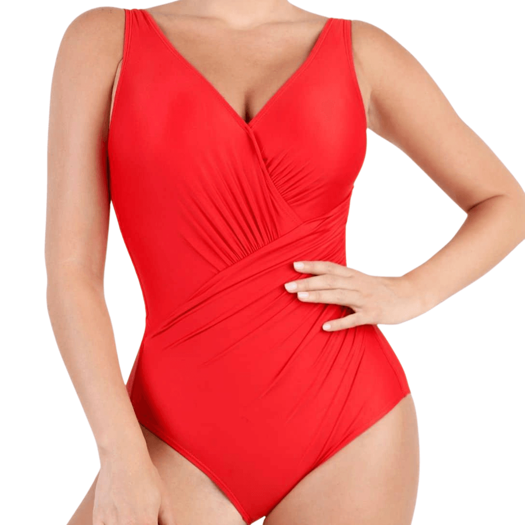 Deep V-Neck One-Piece Swimsuit Red