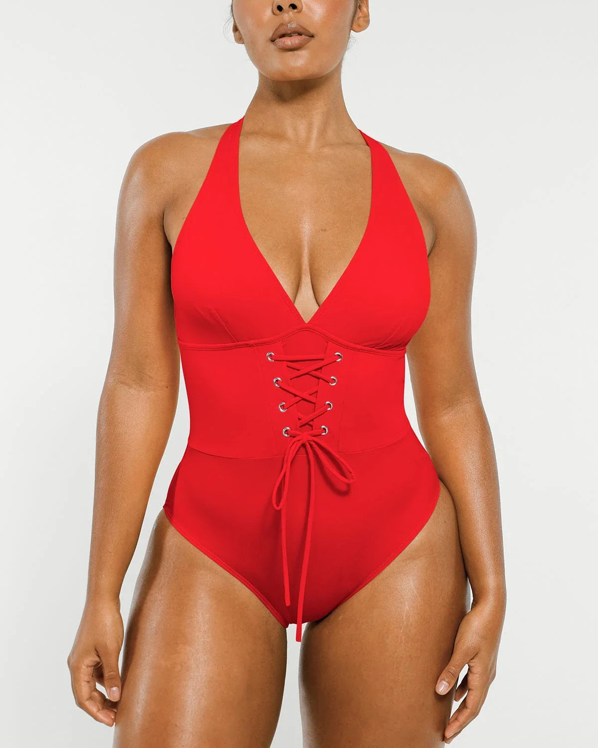 Plunge Corset One-Piece Swimsuit with Adjustable Lace-Up Waist