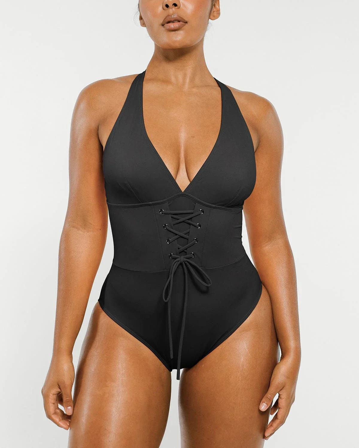 Plunge Corset One-Piece Swimsuit with Adjustable Lace-Up Waist